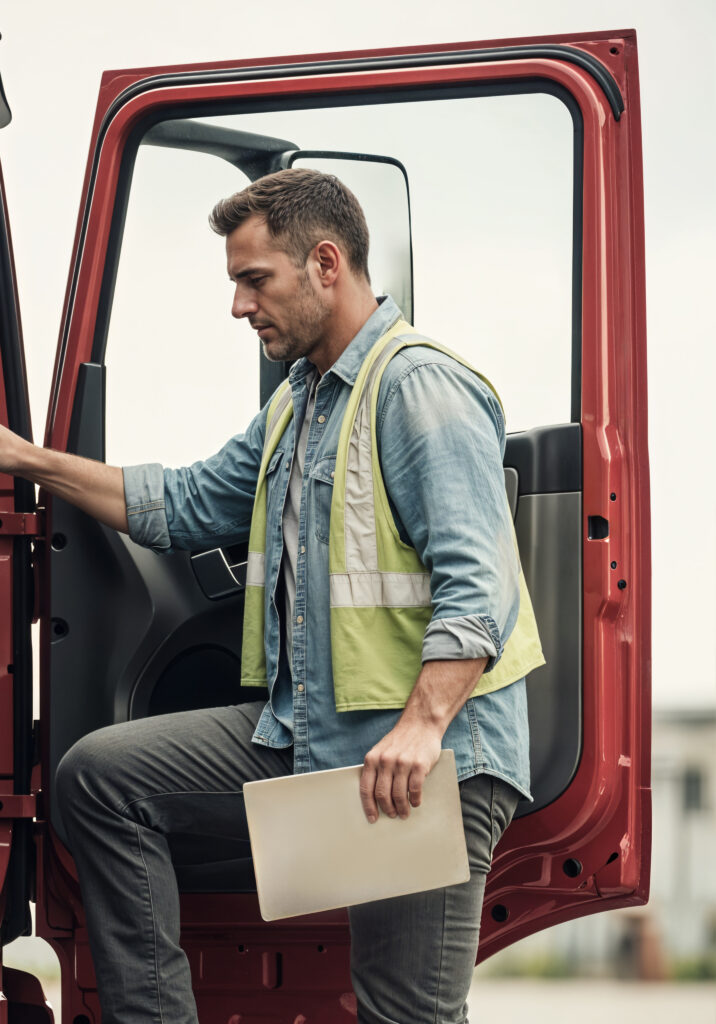 truck driver exiting truck with paperwork